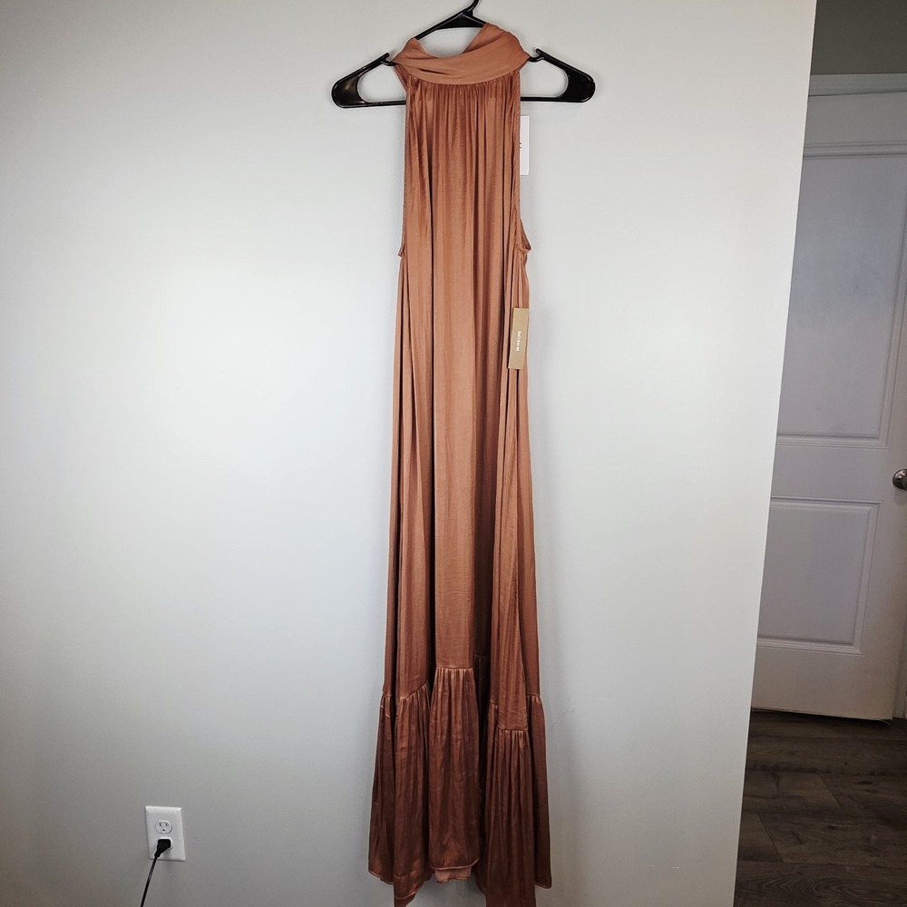 O.P.T. Halter Maxi Dress | NWT | Satin‎ Pleated Caramel | Size Large.D29